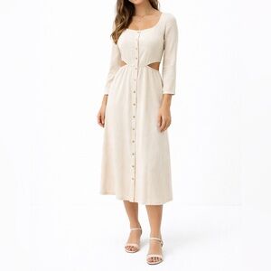 Lovestitch 100% Cotton Cutout Midi Dress Beige Tan Button Front Long Sleeves